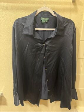 Lauren Ralph Lauren Dark Navy Silk Button-Front Dress Shirt Vintage 100% silk